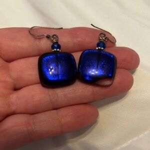 Cobalt Blue fused glass dangle earrings, 3.75”